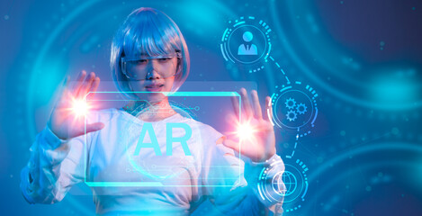 Fototapeta na wymiar Cyber punk girl short hair silver color wearing ar glasses virtual scren blue neon background. AR technology.