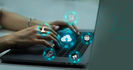 Businesswoman use Laptop with cloud computing. Cloud technology. Data storage. Networking and internet service concept.