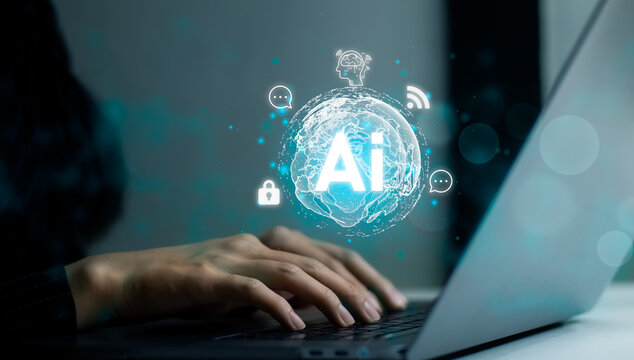 AI technology. Woman using compter laptop connecting with artificial intelligence to chatting.