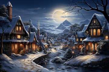 winter landscape with houses and snow ai generative