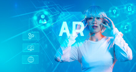 asian woman wearing vr glasses and experience ar. Future digital world technology AR augmented reality concept.