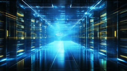 Obraz premium modern server room with blue lights and blue lines, super computer room, data warehouse, computer data storage, empty data server room style of digital Generative AI