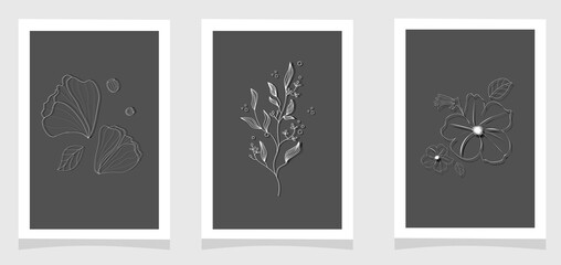 Gallery wall art set of 3 minimalist print for bedroom, living room. Hand draw vector illustration in a trendy anthracite color. Contemporary art, isolated poster collage, social media.