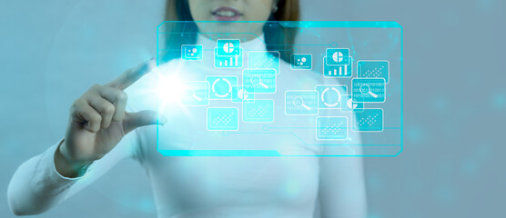 Metaverse VR virtual, business digital world technology AR augmented reality. Asian woman working on virtual screen. future working and management