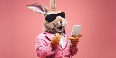A funny and fashionable rabbit talking on her phone - Generative AI