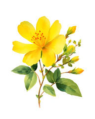 Fototapeta premium Watercolor bouquet of yellow hypericum flowers with leaves isolated
