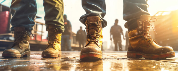 Construction worker boots at a industrial job site - Generative Ai