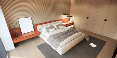 Bedoom interior design and decoration in modern style. 3d rendering top view hotel guest room.