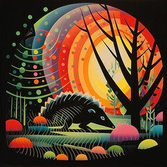 colorful stylized armadillo in forest nature, illustration