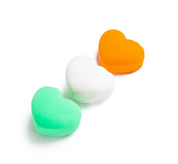 Indian flag made with plasticine in shape of hearts isolated on white background