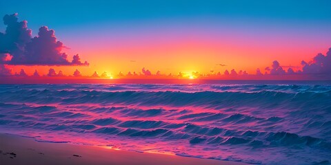 Fototapeta na wymiar The sun is setting over the ocean waves created with Generative AI technology