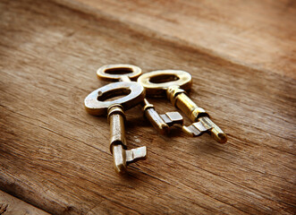 Vintage golden keys are on a wooden background for the mysterious, elegant vintage banner.