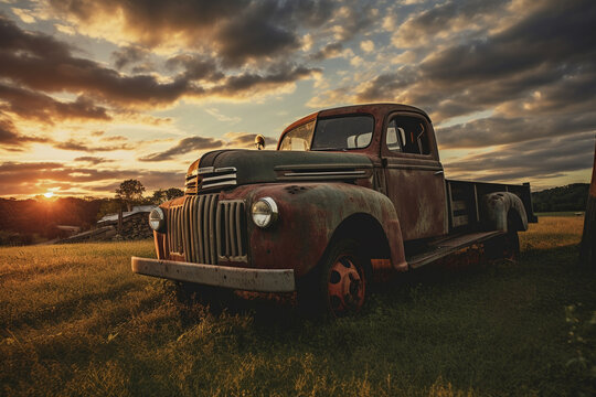 Illustration of an old farm truck in the country. Generative AI. 