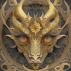 The golden head of a dragon monster with an Arabesque pattern on the skin. Portrait of a horned beast. Decorative rosette with a fantastic animal.