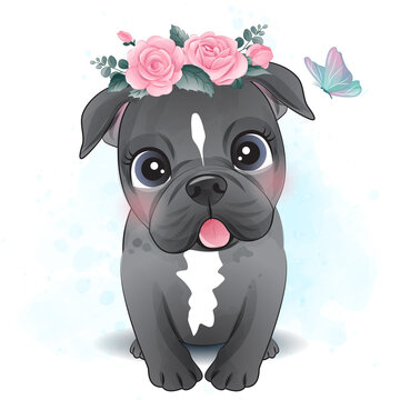 Cute Pitbull poses with roses wreath watercolor illustration
