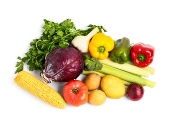 Fresh ripe vegetables on white background