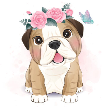 Cute Bulldog poses with roses wreath watercolor illustration