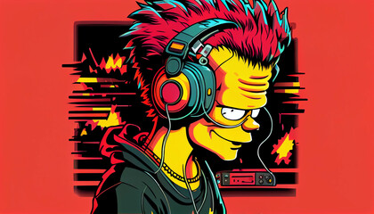 Digital artwork of the simpsons use headphones to listen to songs