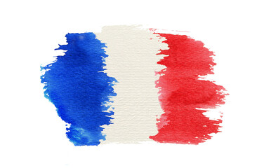 Watercolor flag of France. Textured brush strokes watercolour stains in french colors for 4 July holiday, Bastille day design