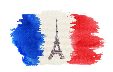 Watercolor flag of France with Tour Eiffel. Textured splash watercolour stains in french colors for 4 July holiday, Bastille day wash design