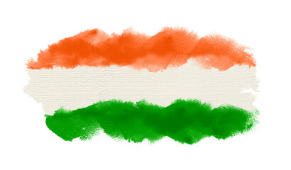 Watercolor flag of India. Splash, spot shape of banner with wet water color edges and blotch. Liquid ink stain in Indian colors with paper texture - 617622534