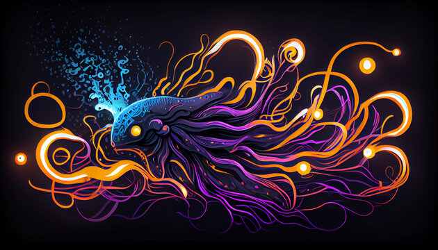 Digital artwork of octopus doodle with neon light decoration background colorfull gradients
