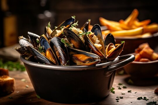 Pot of cooked mussels and French fries as side created with Ai technology