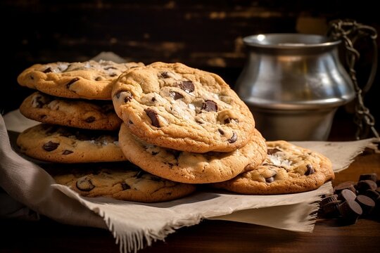 chocolate chip cookies in a rustic kitchen setting created with Ai technology