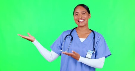 Marketing, presentation and nurse in a studio with green screen for a promotion or advertising. Healthcare, happy and portrait of a female doctor with a pointing hand gesture by chroma key background