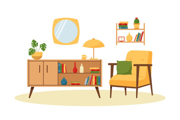 Vintage living room interior with armchair, wardrobe, mirror and shelf. Retro furniture set in 60s style. Flat vector illustration.