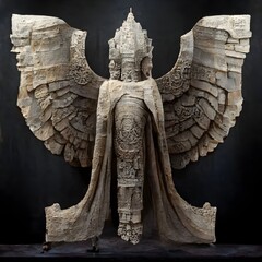 mechanical wings roman cloak angelsuit Khmer civilization timeline as rock relief sculpture sandstone carving ankor wat vray realistic and symbolic 