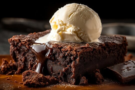 Chocolate brownie with vanilla ice cream scoop on top created with Ai technology