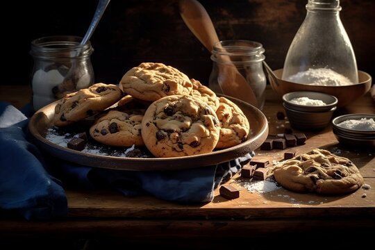 chocolate chip cookies in a rustic kitchen setting created with Ai technology