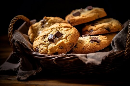 chocolate chip cookies in a rustic basket setting created with Ai technology