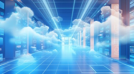 cloud computing concept art abstract, cloud server. data center organize, technology blue light room Generative AI