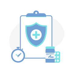 Health insurance and prescription concept. Secure your health with trustworthy insurance and medical prescriptions. Patient reviews document carefully. Illustration isolated on white background