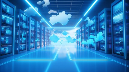 cloud computing concept art abstract, cloud server. data center organize, technology blue light room Generative AI
