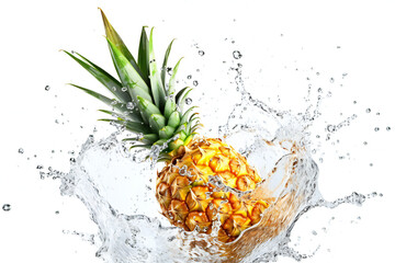 Pineapple in water splash, isolated on white background