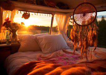 Obraz na płótnie Canvas morning in camper, cozy bed, AI generative 