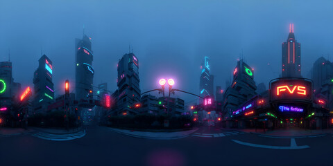 Full 360 degrees seamless spherical panorama HDRI equirectangular projection of Cyberpunk Night City Tron Future. Texture environment map for lighting and reflection source rendering 3d scenes.