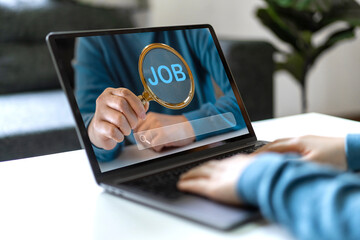 Job search concept, find your career, Man looking at online website by computer. Peoplesearching...
