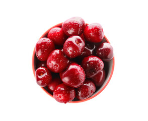 Bowl with sweet cherries on white background