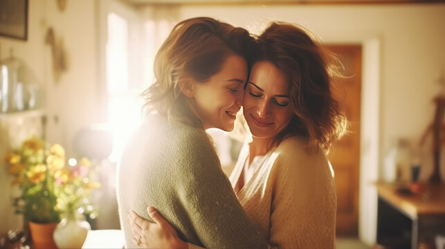Portrait of loving lesbian couple embracing at home and happy together , LGBT concept , Created with Generative Ai Technology