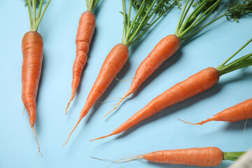 Fresh carrots with leaves on blue background