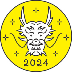 かわいいロゴ風ドラゴンの正面顔の線画デザイン 2024年辰年