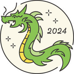 ポップなロゴ風ドラゴンの全身の線画デザイン 2024年辰年