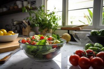 many foods, vegetables in kitchen with healthy, organic salad