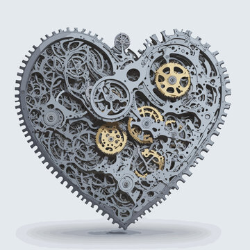 technology, robots, industry, cybernetics and science. Mechanical heart, metal mechanism in the form of heart isolated on white background