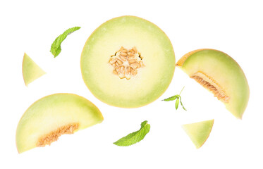Pieces of sweet melon and mint on white background