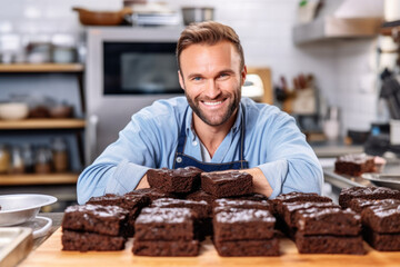 man bending down while smiling at plate of brownies, brown beard chef showing off his homemade cakes